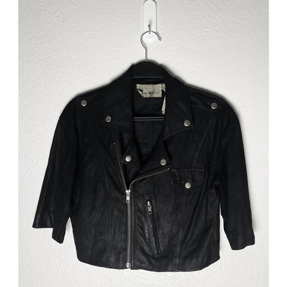 Yaya Aflalo Women's Leather Linen Cropped Moto Black Lightweight Jacket Shacket